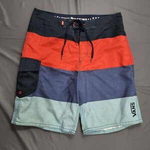 Vans Off The Wall Mens 32 Board Shorts Colorblock Striped Blue Red Swim Trunks